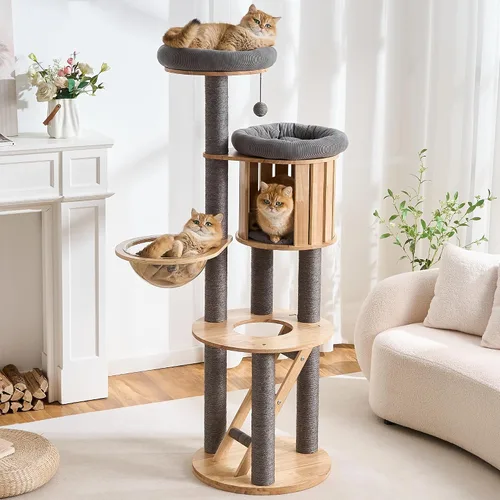 Miniatura 16 de 797Audio Moderno árbol de madera para gatos, árbol estético para gatos de 46 pulgadas con postes rascadores de madera de pino natural y condominio
