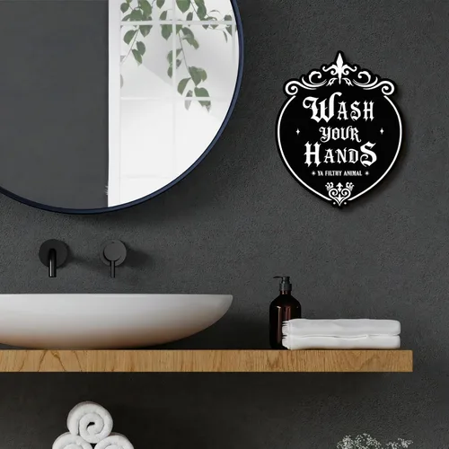 Miniatura 5 de Kercan Arte de pared gótico de madera, 9.6 x 11.8 pulgadas, letrero de pared con texto en inglés "Wash Your Hands", decoración del hogar de brujas