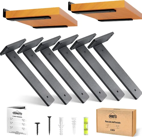 Miniatura 2 de Orbeto Paquete de 6 soportes de estante resistentes (12 pulgadas) de metal negro (0.236 in de grosor), soporta más de 160 libras, recubrimiento