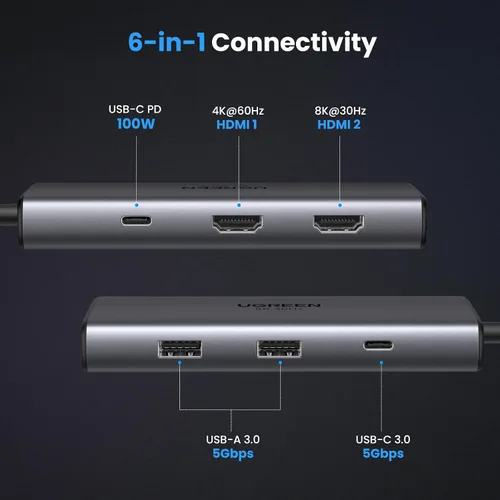 Miniatura 2 de UGREEN Estación de acoplamiento USB C 6 en 1, concentrador USB C con monitor dual 4K a 60Hz, solo 8K a 30Hz, entrega de energía de 100W, puertos