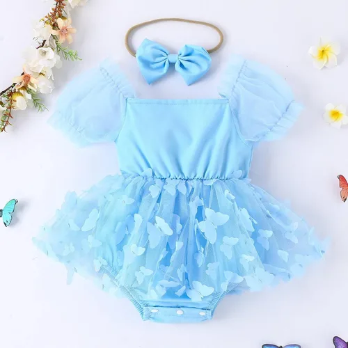 Miniatura 2 de IDOPIP Conjunto de 2 piezas para bebé recién nacido, con diadema, bordado de flores, tutú, princesa, fiesta de cumpleaños, conjunto de ropa
