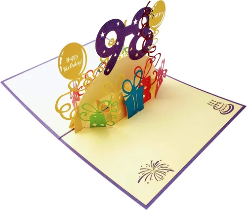 Miniatura 5 de iGifts And Cards Tarjeta desplegable 3D de cumpleaños 98, regalos coloridos y celebración de hitos de globos, saludo sincero para personas mayores