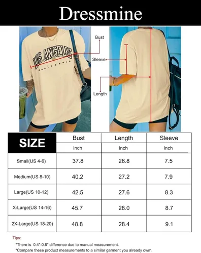 Miniatura 6 de Dressmine Camisetas de gran tamaño para mujer, de Los Ángeles, California, cuello redondo, media manga, camisetas gráficas casuales