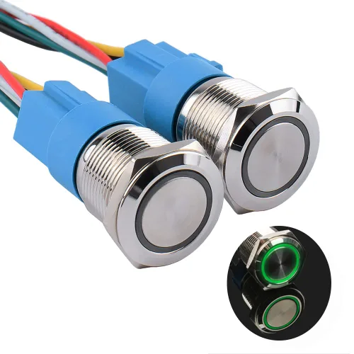 Miniatura 16 de Paquete de 2 interruptores de botón momentáneos de 0.63 pulgadas, 12 V-24 V, LED, impermeable, de metal, 1 NO 1 NC, con enchufe de cable