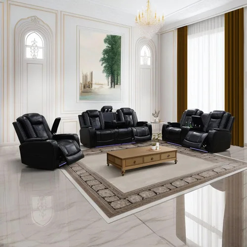 Miniatura 20 de Juego de sillones reclinables eléctricos con luces LED, juego reclinable de cuero acolchado con aire con puerto USB/almacenamiento/portavasos/luz