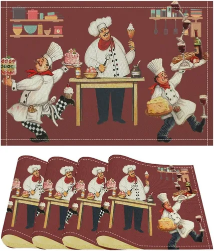Miniatura 2 de Juego de 4 manteles individuales con estampado de cocina de chef, restaurante, cocina, acuarela, manteles individuales de tela lavable para mesa