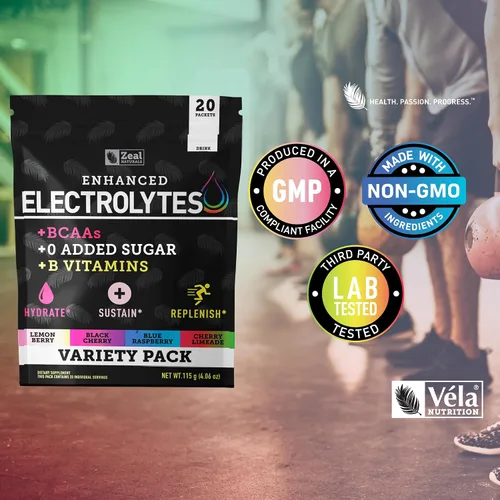 Miniatura 7 de Zeal Naturals Paquetes de electrolitos mejorados en polvo (paquete variado, 20 paquetes) sin azúcar + vitaminas B BCAA y sal rosa del Himalaya