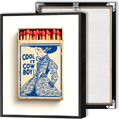 Pósteres vintage de lienzo de estilo chinoiserie índigo, diseño de vaquera costera occidental, arte de pared Cool It Cowboy Matchbook, pintura para