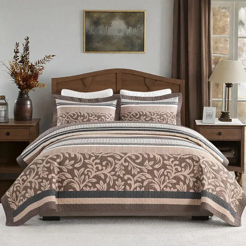 KALOOLA Colchas de granja tamaño Queen – Juego de ropa de cama acolchado ligero 100% algodón, 3 piezas, colcha botánica a rayas estampada con 2