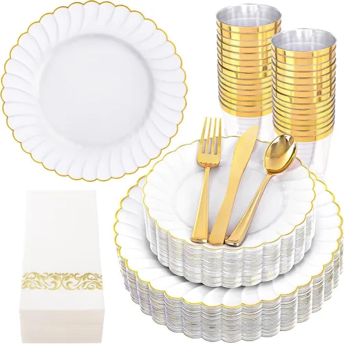 Miniatura 15 de YOUBET - 350 piezas de platos de plástico negro y dorado - Juegos de vajilla desechable dorada para 50 invitados - 100 platos de plástico, 150