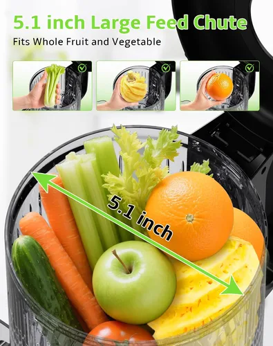 Miniatura 2 de Exprimidor de prensa en frío, masticación lenta con canal de alimentación ancho para frutas y verduras enteras Mayor rendimiento de jugo