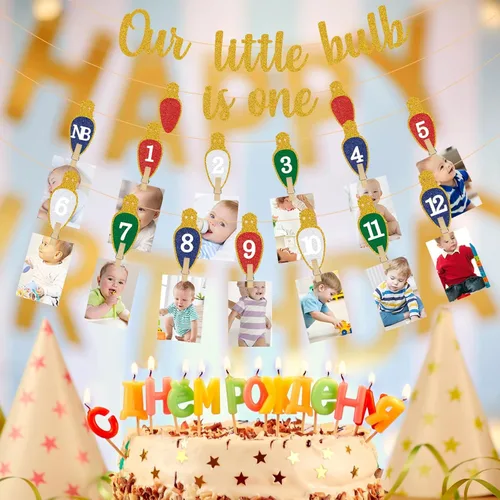 Miniatura 6 de Bombilla de Luz de Navidad Banner de Fotos de Primer Cumpleaños Bombilla de Luz de Navidad Banner de Fotos para Recién Nacido a 12 Meses Hito
