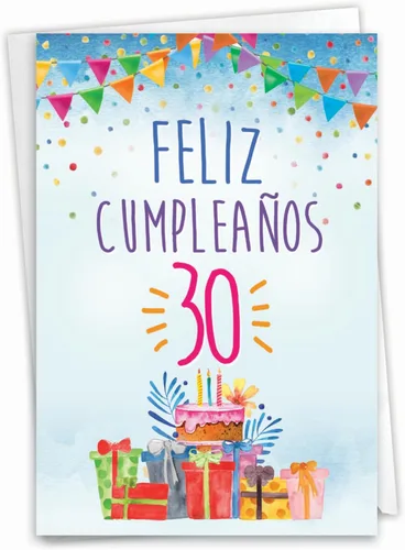 NobleWorks - 1 Tarjeta de Cumpleaños Española con Sobre - Tarjeta de Celebración Latina Hispana para Cumpleaños - Feliz Cumpleaños 30 C8833MBG-SL