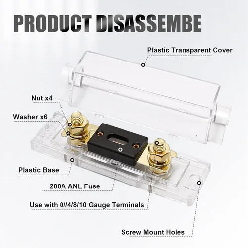 Miniatura 3 de Soporte de fusible ANL de 200 amperios de audio para automóvil, bloque de fusibles ANL calibre 0/2/4 AWG en línea con fusible de batería de 200 A