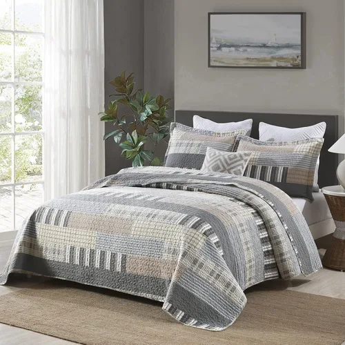 Miniatura 2 de Y-PLWOMEN Edredón de tamaño King - 100% algodón, color marrón gris, edredón de tamaño King, estampado de granja a cuadros, edredón acolchado, 3