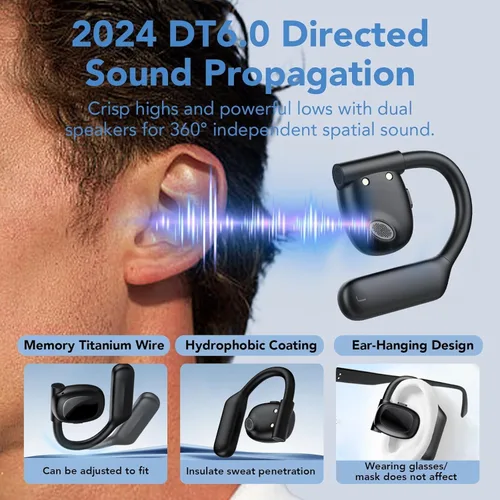 Miniatura 5 de Auriculares Bluetooth 5.3 de oreja abierta, auriculares inalámbricos deportivos sobre auriculares integrados 4 micrófonos con ganchos