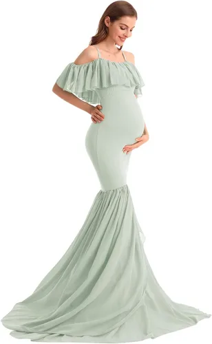 Miniatura 5 de MYRISAM Vestido de maternidad con volantes y hombros descubiertos para mujer, vestido de fiesta de sirena de gasa, vestido ajustado