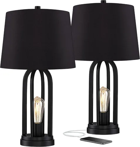 Miniatura 10 de 360 Lighting Marcel - Juego de 2 lámparas de mesa industriales modernas de 24.25 pulgadas de alto con puerto de carga USB y luz nocturna LED de tela