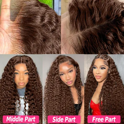 Miniatura 7 de CHEETAHBEAUTY Pelucas de cabello humano brasileño ondulado profundo #4 marrón chocolate 13X6 HD de encaje frontal transparente grado 10A rizado