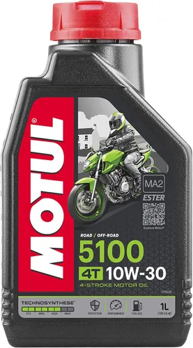 Motul Aceite para motocicleta 5100 4T 10W-30 Technosynthese Ester semisintético - API SP JASO MA2 Wet Clutch Safe - 4 tiempos Street Dirt Bike ATV