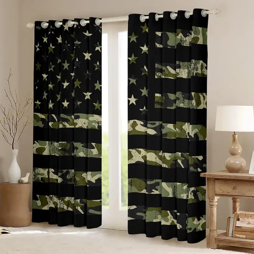 Miniatura 3 de Cortinas opacas de camuflaje con bandera estadounidense, regalo para niños, cortina de ventana de camuflaje verde con rayas negras, estrellas