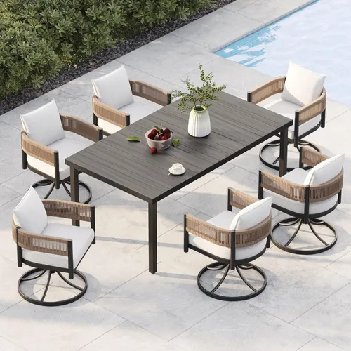 Miniatura 32 de Juego de comedor al aire libre Grand Patio de 5 piezas para 4, sillas de patio fijas de mimbre tejido metálico con cojines engrosados y 1 mesa
