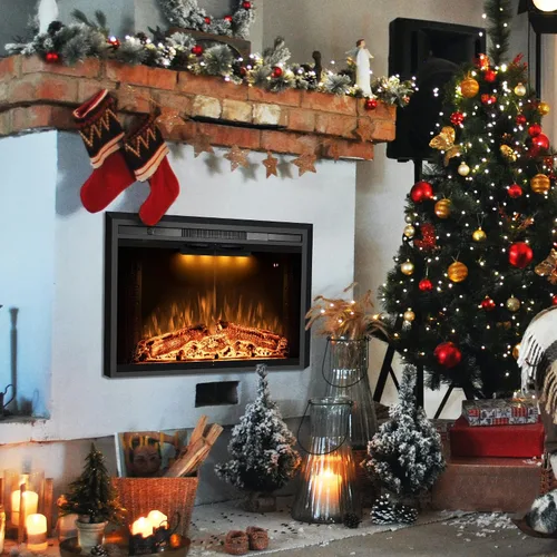 Miniatura 6 de Chimenea eléctrica de 36 pulgadas con puerta de vidrio, calentador de chimenea eléctrico empotrado con sonido de crepitación de fuego, luz superior