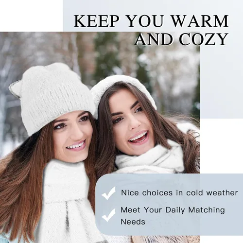 Miniatura 6 de Gorro de punto de invierno para mujer, guantes para pantalla táctil, bufandas, cálido y suave, con orejas de gato, gorras de calavera, bufandas