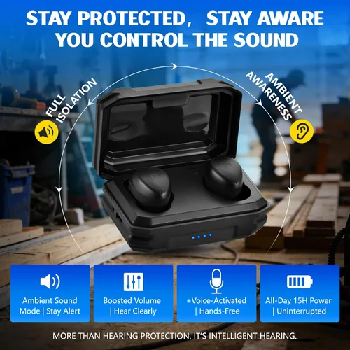 Miniatura 4 de PROHEAR EP03 - Auriculares Bluetooth de Protección Auditiva - OSHA 25dB NRR, Verdaderamente Inalámbricos, Resistente con 2 Micrófonos ENC