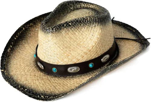 Miniatura 14 de Comhats Sombrero de paja de vaquero redondo de estilo occidental para mujer, cordón de barbilla Fedora de cuero vegano, ala moldeable, vaquera