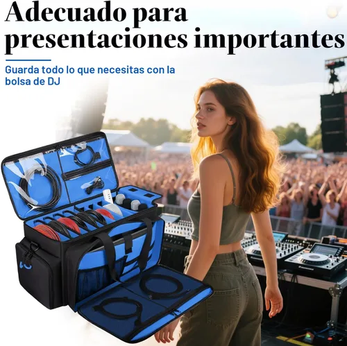 Miniatura 8 de Bolsa grande para cables de DJ con bolsillo para laptop y micrófono, bolsa de DJ para equipo y accesorios de música con divisores desmontables, Azul