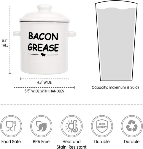 Miniatura 2 de SOLIGT Recipiente de grasa de tocino de cerámica con colador - 600ml / 20oz Recipiente de grasa de tocino de estilo rústico con asa de agarre fácil