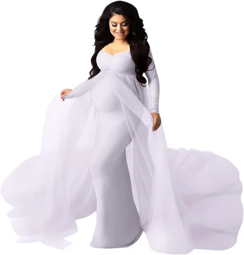 Vestido de maternidad maxi de manga larga con hombros descubiertos para mujer, vestido de fotografía de tul para boda estilo sirena para sesión de