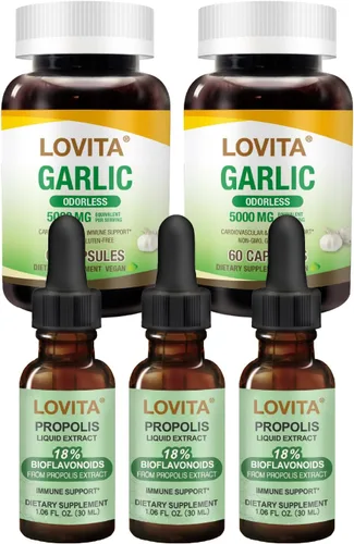 LOVITA Advanced Defense Bundle - 3 gotas de propóleo y 2 extractos de ajo inodoros, 5000 mg equivalente de ajo y 18% bioflavonoides (5 piezas)