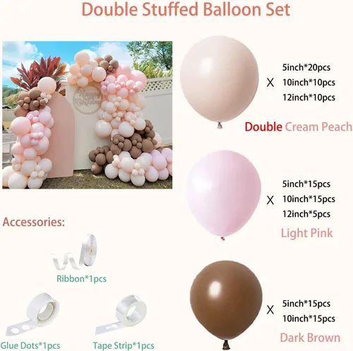Miniatura 2 de Kit de guirnalda de arco de globos de color rosa claro, doble relleno, mate, rosa, marrón, crema, melocotón, globos de látex de diferentes tamaños