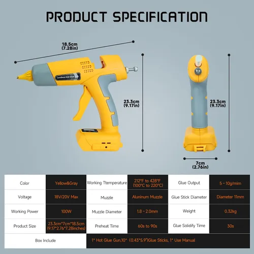 Miniatura 7 de Pistola de pegamento caliente inalámbrica para batería Dewalt de iones de litio de 18 V/20 V, pistola de aire caliente de 100 W con pantalla digital
