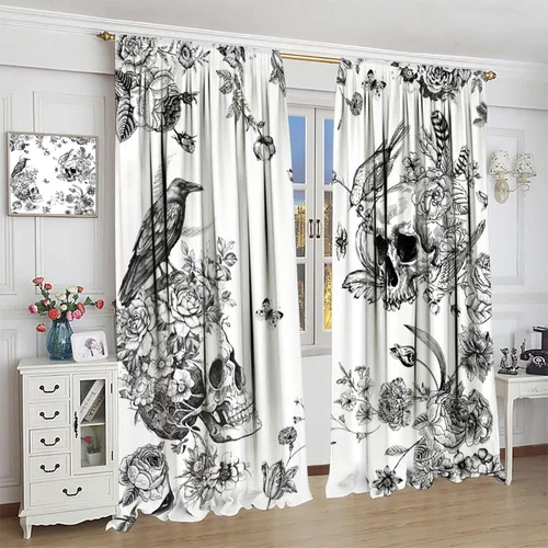 Miniatura 10 de Cortinas góticas de bosque de cuervos, para Halloween, espeluznante, negro, cuervo negro, alas oscuras, suspenso, bolsillo para barra, cortinas