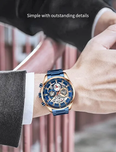 Miniatura 5 de FANMIS Relojes de lujo para hombre, reloj de pulsera analógico de cuarzo de acero inoxidable impermeable