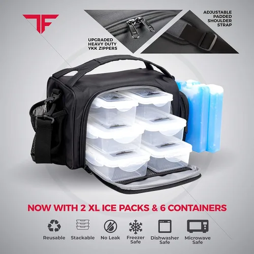 Miniatura 4 de ThinkFit Lonchera térmica para comida preparada con 6 contenedores para porciones de alimentos sin BPA, reutilizables, aptos para microondas