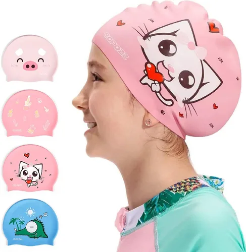 Miniatura 9 de COPOZZ Gorros de natación para niños, de silicona, impermeable, cómodo, gorro de natación para cabello largo y corto