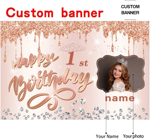 Miniatura 2 de Cartel personalizable de oro rosa para decorar el primer cumpleaños con nombre y foto MGJB-NLK-1er