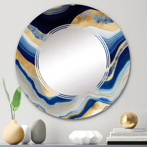 Miniatura 2 de DesignQ Modern wall mirror, Oval Modern mirror, Round Blue bathroom mirror, Abstract Transitional vanity mirror Flowing Vibrant Blue and Gold Art IV
