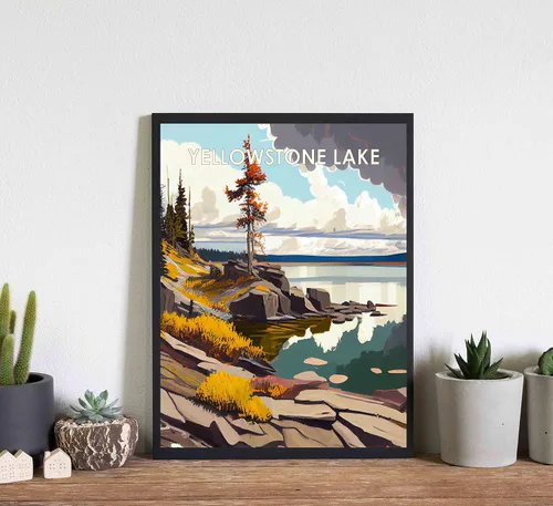 Miniatura 5 de Yellowstone Lake - Póster impreso artístico, ilustración, arte de pared, decoración de paisaje retro, paisaje, obra de arte para decoración de Lago