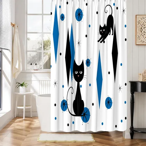 Miniatura 6 de GCTNBJL Mid Century Shower Curtain Black Cat Atomic Stars Modern Abstract Blue Black Geometric Iconic Retro 1950s 1960s Vintage 36x70(WxH) Inches