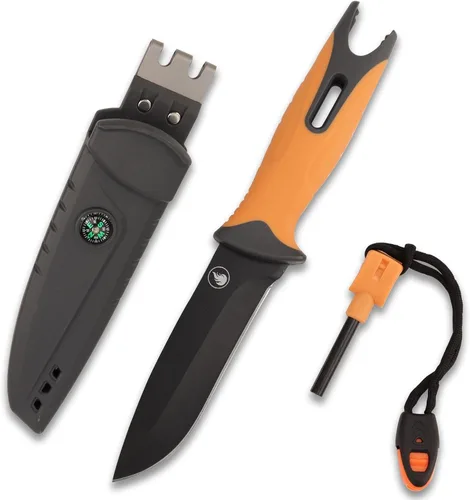 Cuchillo de caza de hoja fija, hoja de acero inoxidable, cuchillo de hoja fija con funda, arrancador de fuego, sacapuntas, silbato y brújula, Naranja
