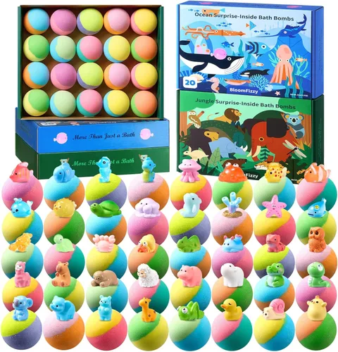 40 bombas de baño para niños con sorpresa en el interior, set de regalo de juguetes de animales del océano y la selva con ingredientes naturales