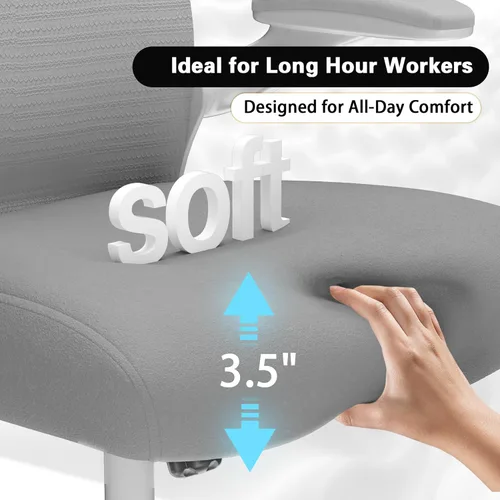 Silla de escritorio de oficina con soporte lumbar ergonómico, cojín de asiento extra grueso, brazos abatibles, respaldo de malla transpirable, silla