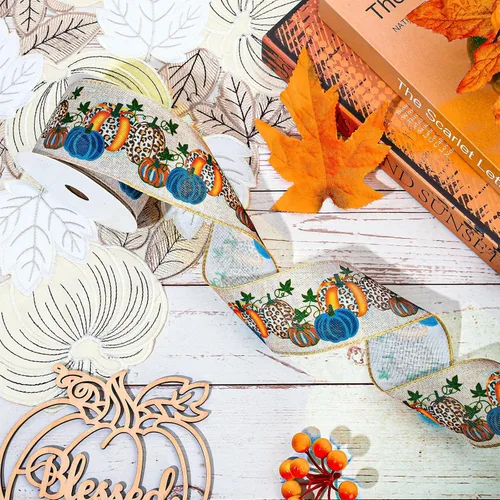 Miniatura 5 de Whaline Cinta de tela de calabaza de otoño con borde con alambre, cinta de tela de calabaza azul, cintas vintage para envolver para cosecha