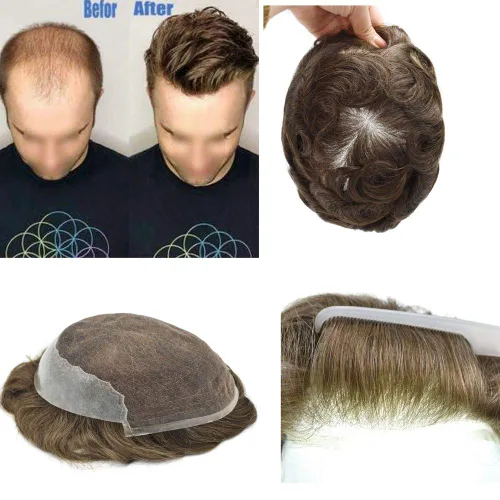 Miniatura 35 de Peluca de repuesto de cabello natural de poliuretano con encaje frontal para hombre (7x9 pulgadas, densidad de luz, 1B40# negro natural con 40% gris)