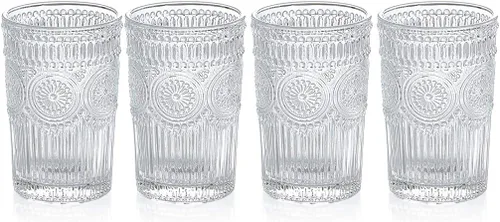 Miniatura 7 de MDLUU Vasos de agua en relieve, cristalería romántica, vasos de beber vintage, vasos de vidrio para jugo, bebidas, cóctel, capacidad de 12.5 onzas